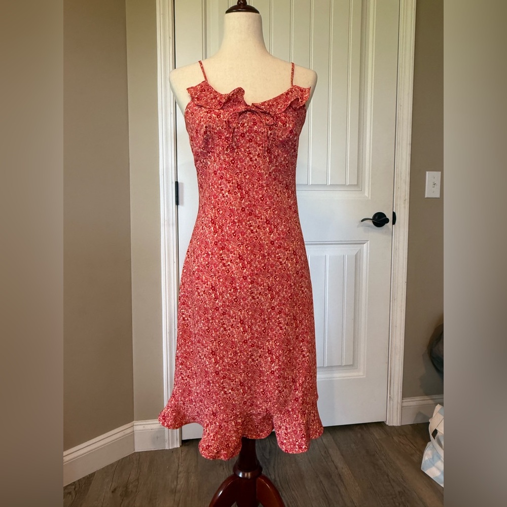 Jodi Michaels Red Floral Ruffle Neck Cami Midi Dress Size 5/6